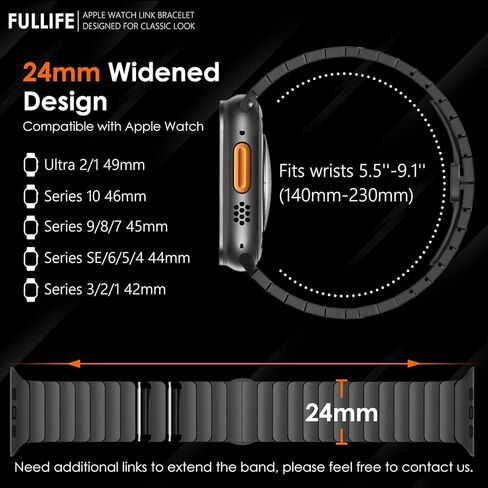 FULLIFE Titanium Band for Apple Watch Band, Lightweight Titanium Metal Strap for Apple Watch Ultra 2/Ultra 49mm, Series 10 46mm, 9/8/7 45mm, SE2/6/5/4 44mm, 3/2/1 42mm, Black with Magnetic Clasp in Kuwait