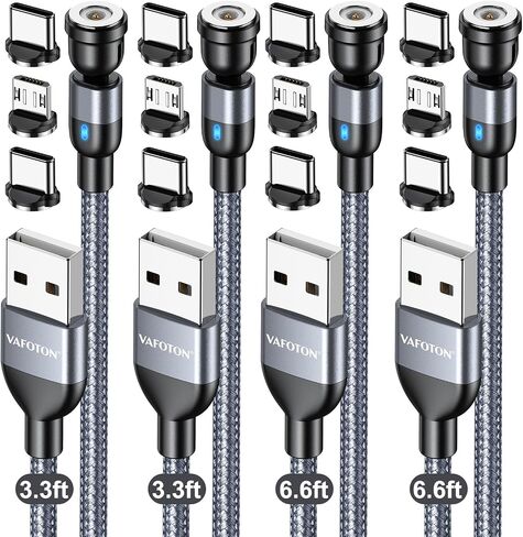 VAFOTON Magnetic Charging Cable, 4-Pack(Black, 3.3/3.3/6.6/6.6FT) Magnetic Type C Phone Charger Cable for Android, Magnetic USB C Cords-Nylon Braided Suitable for Type C/Micro USB/i-Product in Saudi Arabia