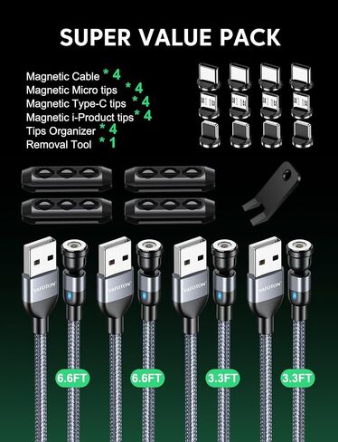 VAFOTON Magnetic Charging Cable, 4-Pack(Black, 3.3/3.3/6.6/6.6FT) Magnetic Type C Phone Charger Cable for Android, Magnetic USB C Cords-Nylon Braided Suitable for Type C/Micro USB/i-Product in Saudi Arabia