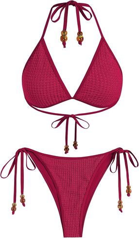 ZAFUL Women Bikini Set Two Piece Textured Beaded Tie Back Halter Cheeky Swimsuit Bathing Suit in Kuwait