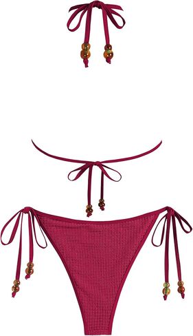 ZAFUL Women Bikini Set Two Piece Textured Beaded Tie Back Halter Cheeky Swimsuit Bathing Suit in Kuwait