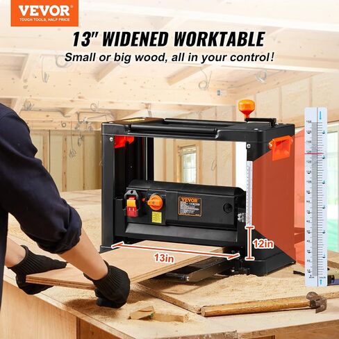 VEVOR Power Benchtop Planers, Three-Blade, Two Speed, 13" Width Worktable Thickness Planer with Extended Infeeding Table, Low Noise for both hard & soft wood material removal in Saudi Arabia
