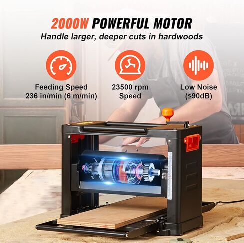 VEVOR Power Benchtop Planers, Three-Blade, Two Speed, 13" Width Worktable Thickness Planer with Extended Infeeding Table, Low Noise for both hard & soft wood material removal in Saudi Arabia