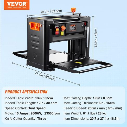 VEVOR Power Benchtop Planers, Three-Blade, Two Speed, 13" Width Worktable Thickness Planer with Extended Infeeding Table, Low Noise for both hard & soft wood material removal in Saudi Arabia