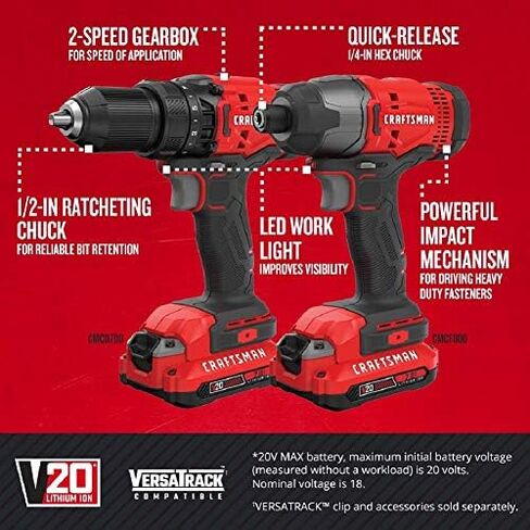 CRAFTSMAN V20 MAX Cordless Drill and Impact Driver, Power Tool Combo Kit with 2 Batteries and Charger (CMCK200C2) & (1) V20 Lithium Ion Battery, 4.0-Amp Hour (CMCB204) in Saudi Arabia