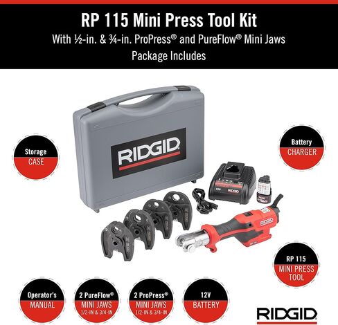 RIDGID 72558 Model RP 115 Mini Press Tool and Battery Kit with 1/2" to 3/4" ProPress and PureFlow Press Tool Jaws, 2V Li/Ion Battery, 12V Charger, and Carrying Case in Saudi Arabia