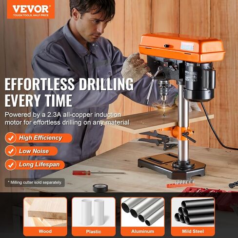 VEVOR 8 in Benchtop Drill Press, 2.3A Induction Motor, Tabletop Drilling Machine with 750/1140 / 1740/2340 / 3200 RPM Adjustable Speed, 0-45° Tilting Worktable, LED Work Light, for Wood Metal in Saudi Arabia