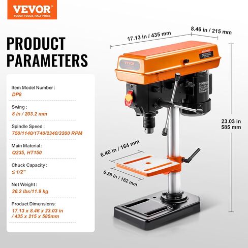 VEVOR 8 in Benchtop Drill Press, 2.3A Induction Motor, Tabletop Drilling Machine with 750/1140 / 1740/2340 / 3200 RPM Adjustable Speed, 0-45° Tilting Worktable, LED Work Light, for Wood Metal in Saudi Arabia