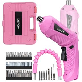 Pink Cordless Screwdriver Set with Rechargeable Battery and Charger, Rotating Handle, LED Light, 47PCS Drill/Driver Accessories, Lightweight and Portable Electric Screwdriver for Women