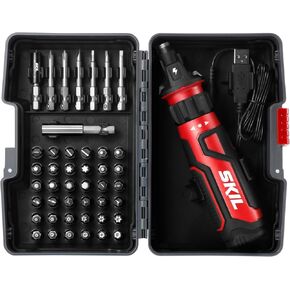 SKIL Rechargeable 4V Cordless Screwdriver with Circuit Sensor Technology, Includes 9pcs Bit, 1pc Bit Holder, USB Charging Cable - SD561201, Red