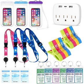 Cruise Accessories Kit Includes Waterproof Cruise Luggage Tags and Phone Bags, Lanyard for Cruise Ship Cards, Towel Clips, Power Strip for Carnival Cruise Must Haves Kit 21 PCS