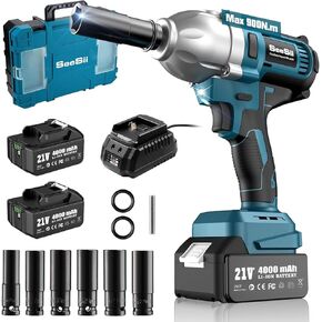 Seesii Cordless Electric Impact Wrench 1/2 inch for Car Home, 665Ft-lbs(900N.m) Brushless, 3300RPM High Torque Gun w/ 2x 4.0Ah Battery,Charger & 6 Sockets, WH710