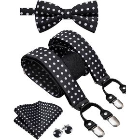 Hi-Tie Mens Suspenders and Pre-Tied Bow Tie with Pocket Square Strong Adjustable 6 Clips Y Back Mens Trouser Braces