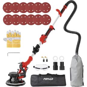 POPULO Drywall Sander, 810W 7A Electric Drywall Sander with Vacuum Attachment, Variable Speed 900-1,800RPM Power Wall Sander with 12 Pcs Sanding discs, LED Light, Dust Hose, and Extension Handle