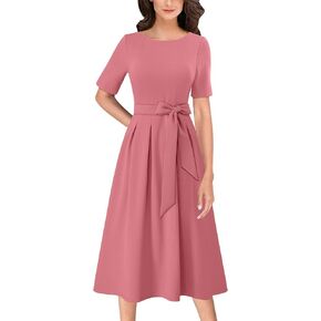 VFSHOW Womens Elegant Patchwork Pockets Pleated Work Office Business Casual Party Belted A-Line Midi Dress