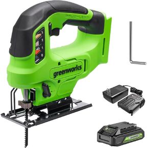 Greenworks 24V Brushless Cordless Jig Saw,3000 SPM,1 Inch Stroke Length Jigsaw with 6PCS Blades,4 Orbital Settings,45 Degree Cutting Angle,Tool-Free Blade Changing