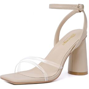 RIBONGZ Block Heels Prom Heeled Sandals for Women Chunky Square Open Toe Strappy High Heels Ankle Strap Wedding Bridal Shoes High Heel Sandals for Party Dress
