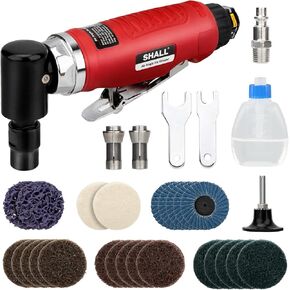 SHALL Right Angle Die Grinder, 90 Degree, 1/4" & 1/8" Collets, 24PCS Sanding Discs, Air Connector, Lubricant and Chuck Key Included, for Grinding, Polishing, Deburring, Engraving and Rust Removal