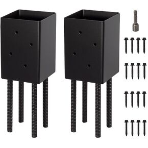 4x4 Post Base Holder Ground Spike Use for Concrete Deck - Post Anchor Brackets Metal Black Powder Coated 4 Inches x 4 Inches (Inner Dia 3.5x3.5) 4 Pack
