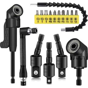 17 Pcs Right Angle Drill Attachment Set Includes 3Pcs 360° Rotatable 1/4 3/8 1/2" Impact Grade Socket Adapter, 90° Angled Bits and Bendable Drill Bit Extension 10 Short Screwdriver Bits