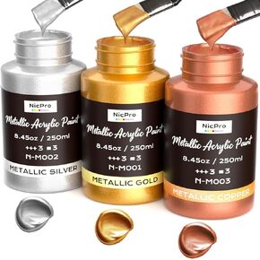 Nicpro Acrylic Paint Metallic, 3 Colors Gold, Silver, Copper 8.45oz/250ml Gold Leaf Paint, Non Toxic, Non Fading for Art Painting, Handcrafts, Ideal for Multi-surface, Canvas, Wood, Clay, Metal