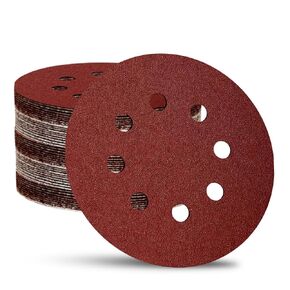 52 Pack 5 Inch 8-Hole Hook and Loop Sanding Discs Sandpaper Red Round 60 80 120 220 320 Mixed Grits Sandpaper for Random Orbital Sander