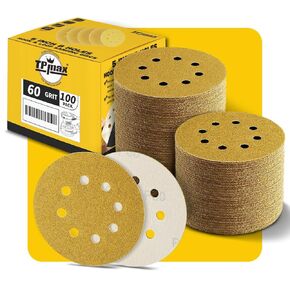100PCS 5 Inch 125mm 8 Hole Sanding Discs Sandpaper Mixed Grits - Premium Gold Round Hook and Loop for Random Orbital Sander (60, 80, 120, 220, 320 Grit Variety Pack)