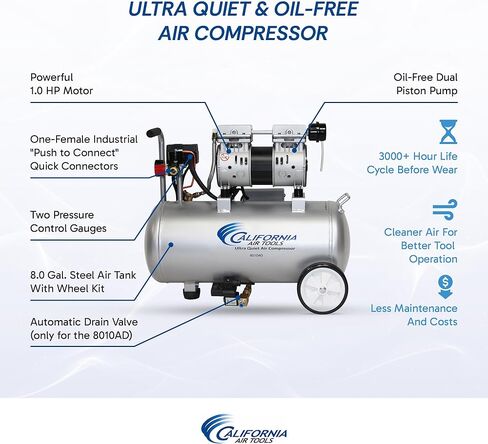California Air Tools 8010 1.0 HP Ultra Quiet and Oil-Free Air Compressor, 8 Gallon Steel Tank, Lightweight with Wheels, 60 dBA Noise Level in Saudi Arabia