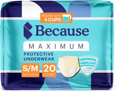 Because Premium Maximum Absorbency Adult Incontinence and Postpartum Bladder Leak Underwear for Women, Heavy Absorbency, Disposable, Black, Small/Medium, 20 Count in Kuwait