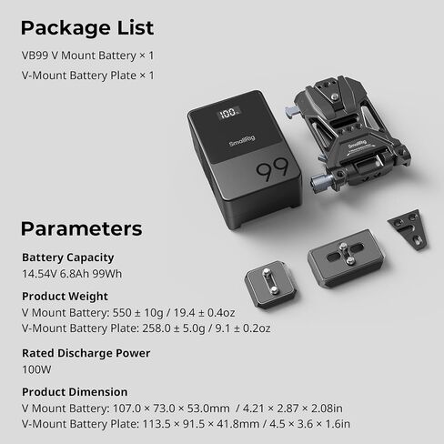 SMALLRIG V Mount Battery VB99, 99Wh / 6800mAh Mini V-Mount Battery with PD 100W USB-C Fast Charging, with V-Mount Battery Plate, V-Lock Mount with Dual 15mm Rod Clamp for Camera, Camcorder - 5049 in Kuwait
