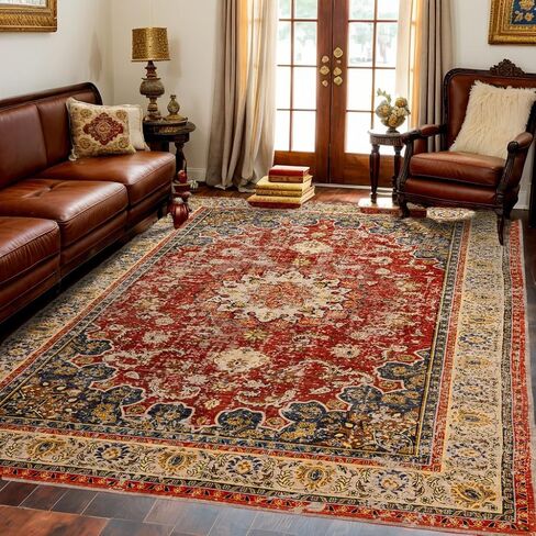 Washable Area Rug,Indoor Vintage Living Room Carpet,Soft,Low Pile,Non Shedding, Easy Clean,Machine Wash,Non Slip Soft Large Rug Bohemian for Bedroom,Entry Throw Carpet Stain Resistance in Saudi Arabia