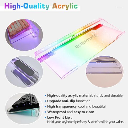 حامل لوحة مفاتيح الكمبيوتر الأكريليك من UCINNOVATE + مسند معصم لوحة المفاتيح من إسفنج الذاكرة، صينية حامل لوحة المفاتيح بإضاءة خلفية LED، مجموعة حامل لوحة مفاتيح الألعاب لسهولة الكتابة المريحة ومكتب العمل، المنزل in Kuwait