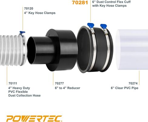 POWERTEC 70120 4 Inch Key Hose Clamp, Thumb Screw Key Adjustable Stainless Steel Hose Clamps for Dust Collection and Dryer Vent Hose, 5 pack in Kuwait