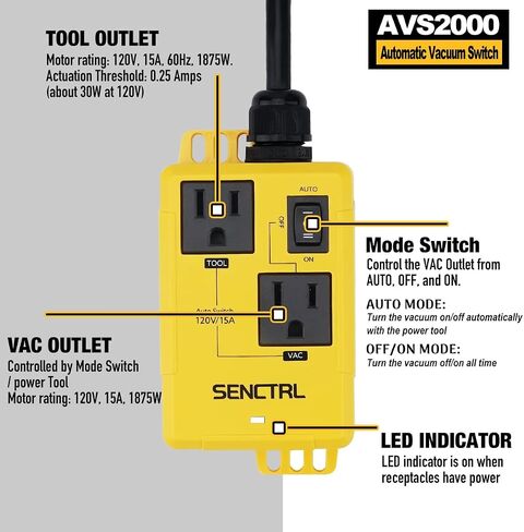 SENCTRL Automatic Vacuum Switch Allow Power Tool/Table Saw to Turn Vac Cleaner/Accessory On and Off Automatically, Load Sensing, On Delay Prevent Circuit Overload, Shop Dust Collector Off Delay in Saudi Arabia