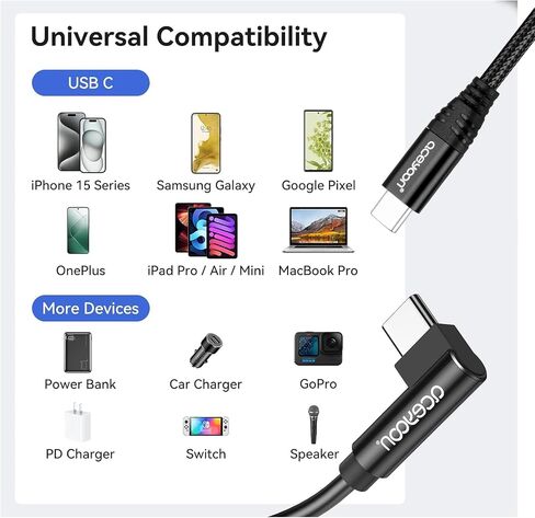 aceyoon USB C Cable Short 6 inch Right Angle, [3 Pack] 100W PD Type C Fast Charging Cord for iPhone 15 Plus/15 Pro Max, MacBook Pro, iPad Pro, Samsung Galaxy S24 S23 S22 S21 Ultra in Saudi Arabia