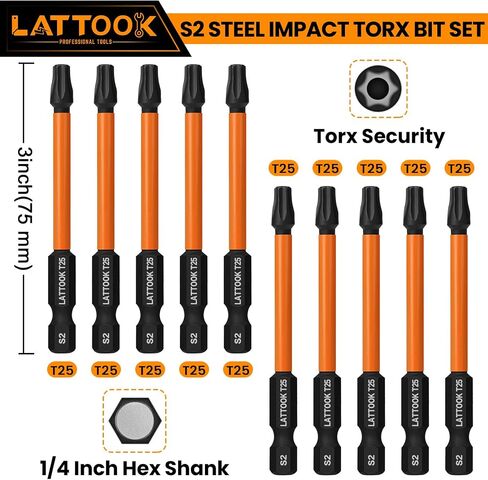 بتات T25 Torx ، Lattook 10pcs T25 Impact Torx Bit Set Security Torx Bit Set Bit Tarxper Bit Star Set ، Magnetic S2 Steel ، 3 '' '' long ، black in Kuwait