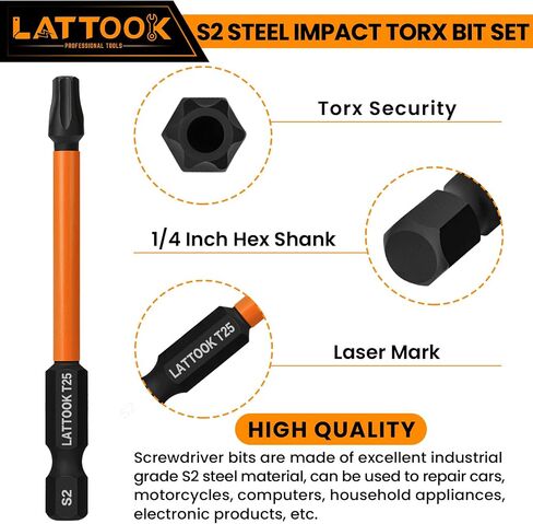 بتات T25 Torx ، Lattook 10pcs T25 Impact Torx Bit Set Security Torx Bit Set Bit Tarxper Bit Star Set ، Magnetic S2 Steel ، 3 '' '' long ، black in Kuwait