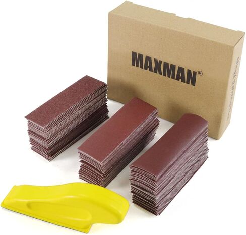 MAXMAN 70 Sheets Micro Detail Sand Paper Kit, 3.5"x 1"Hand Sanding Block for Small Projects Wet Dry Hook & Loop Alumina 80 to 600 Grit Sandpaper for Wood Crafts, Tight Narrow Spaces Metal Finishing in Saudi Arabia