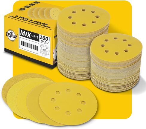 100PCS 5 Inch 125mm 8 Hole Sanding Discs Sandpaper Mixed Grits - Premium Gold Round Hook and Loop for Random Orbital Sander (60, 80, 120, 220, 320 Grit Variety Pack) in Saudi Arabia