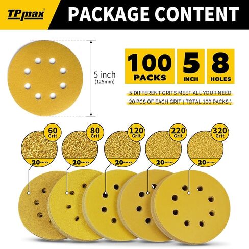 100PCS 5 Inch 125mm 8 Hole Sanding Discs Sandpaper Mixed Grits - Premium Gold Round Hook and Loop for Random Orbital Sander (60, 80, 120, 220, 320 Grit Variety Pack) in Saudi Arabia