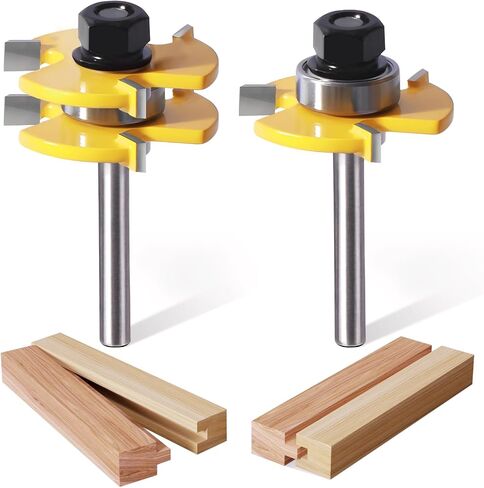 Tongue and Groove Router Bit Set of 2 Pieces, 1/4 Inch Shank, 3 Teeth Adjustable T Shape Wood Milling Cutter, 1/2Inch Cutting Depth，3/4Inch Stock，Woodworking Tools in Kuwait