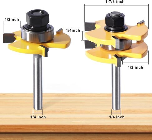 Tongue and Groove Router Bit Set of 2 Pieces, 1/4 Inch Shank, 3 Teeth Adjustable T Shape Wood Milling Cutter, 1/2Inch Cutting Depth，3/4Inch Stock，Woodworking Tools in Kuwait