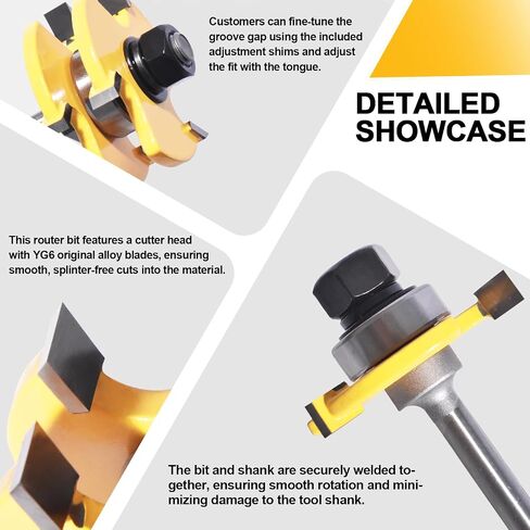 Tongue and Groove Router Bit Set of 2 Pieces, 1/4 Inch Shank, 3 Teeth Adjustable T Shape Wood Milling Cutter, 1/2Inch Cutting Depth，3/4Inch Stock，Woodworking Tools in Kuwait