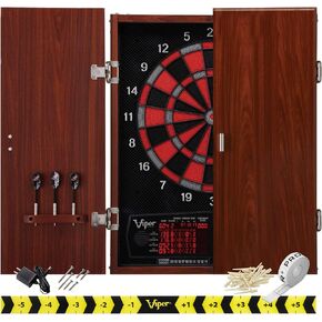 Viper by GLD Products Neptune Electronic Dartboard Cabinet Combo Pro Size Over 55 Games Large Auto-Scoring LCD Cricket Display Extended Dart Catch Area 16 Player Multiplayer with Soft Tip Darts and Power Adapter , 21.5" L x 26.5" W x 3.5" H