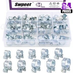 Swpeet 84Pcs 10 Sizes Zinc Plated Mini Fuel Injection Line Style Hose Clamp Assortment Kit Perfect for Automotive, Agriculture, Plant & Construction