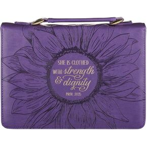 Christian Art Gifts Women's Fashion Bible Cover Strength and Dignity Proverbs 31:25, Purple/Gold Sunflower Faux Leather, XL in Saudi Arabia