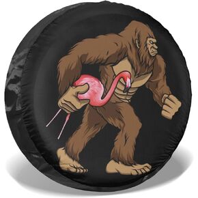 Bigfoot Carrying Lawn Flamingo Funny Sasquatch Spare Tire Cover, Potable Polyester Universal Wheel Protectors Waterproof Dust-Proof UV Sun Wheel Tire Cover Fit for SUV, RV, Travel Trailer, Truck