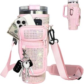 Shining Diamond Water Bottle Carrier Bag with Phone Pocket for Stanley 40 oz Tumbler Neoprene Water Bottle Holder Pouch with Adjustable Strap Bollus & Carabiner for Stanley Cup Accessories.