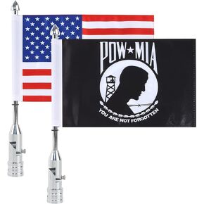 Outdoor Motorcycle Flag Foldable 90° Flagpole Mounts American Flag POW-MIA" You Are Not Forgotten" Premium Silver Flag Holder Kit for Harley Davidson Road King Honda Goldwing 1/2'' Luggage Rack 2PCS