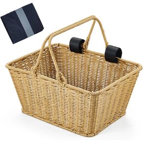 سلة دراجة، سلة دراجة منسوجة من الخوص مع غطاء مقاوم للمطر، سلة دراجة منسوجة يدويًا مع دعامة معدنية مدمجة، سلال نزهة من الخوص بمقبض، سلة دراجة بمقبض أمامي من الخوص قابلة للفصل in Kuwait